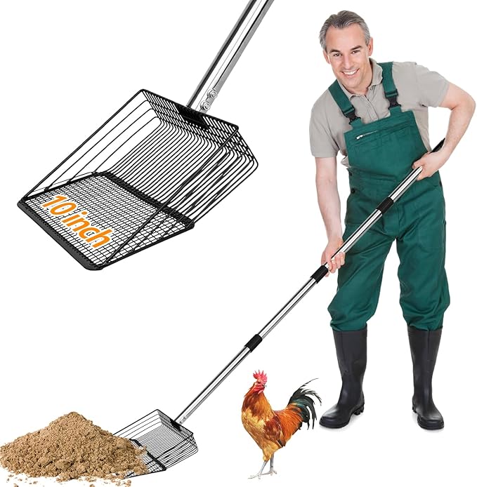 Chicken Poop Scooper, 10inch Large Metal 36 to 63" Long Chicken Coop Litter Scoop with Stainless Steel Handle,4 in 1 Multifunctional Heavy Duty Litter Sifting Shovel Chicken Coop Accessories