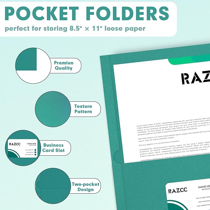 Two Pocket Folders, RAZCC 75 Pack 2 Pocket Folders Fit Letter Size Paper, Paper Folders with Pockets for School Office Business Home, Turquoise