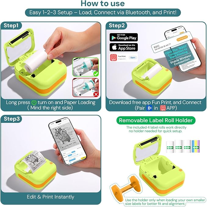 Portable Bluetooth Thermal Label Maker with 4 Rolls Sticker Tape – Mini Inkless Sticker Printer with See-Through Label Window, High-Resolution Print, Wireless, for Home, Office, On-The-go