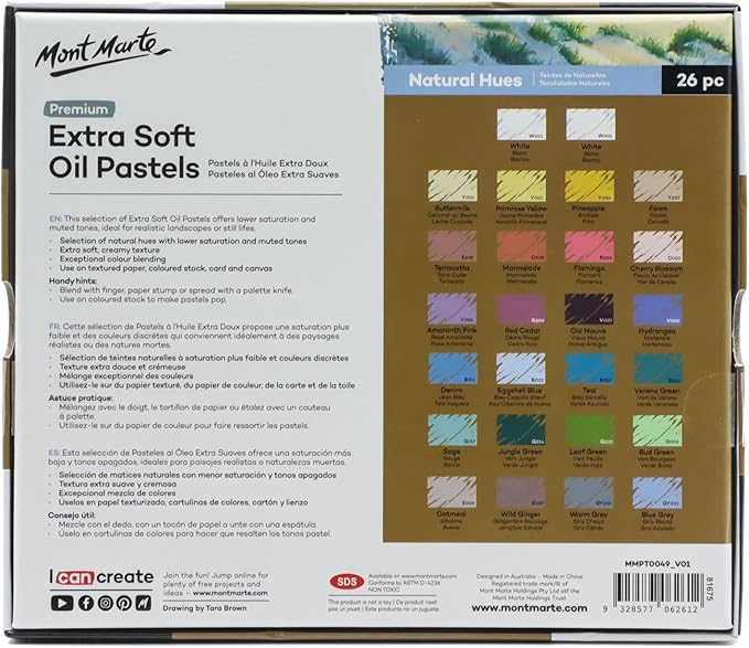 Mont Marte Extra Soft Oil Pastels Natural Hues Premium 26pc, Assorted Natural Colors, Vibrant and Buttery, Versatile Art Pastels for Blending, layering & Shading, Ideal for Coloring and Sketching