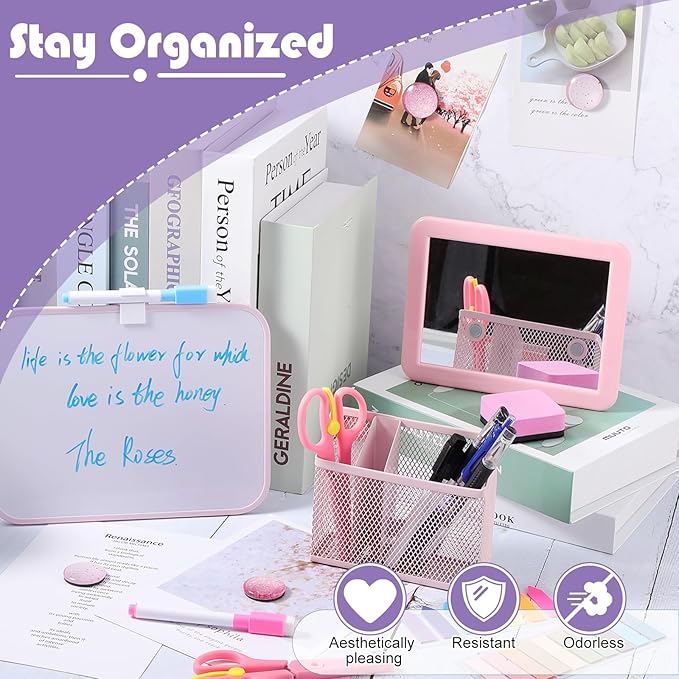 abcGoodefg Pink Magnetic Locker Accessories for Girls, Locker Organizer and Decoration with Locker Mirror, Whiteboard and Pen Holder Markers Magnet and Eraser for School Locker Back to School Stuff