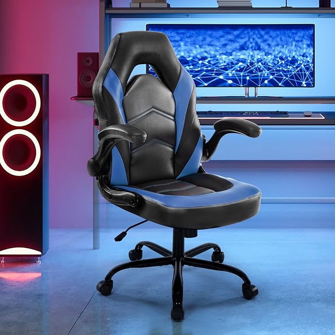 DUMOS Gaming Ergonomic Office Chair for Adults, Height Adjustable Computer Desk Chair with Flip-up Armrests, PU Leather Swivel Video Game Chair with 360° Rolling Wheels, Blue