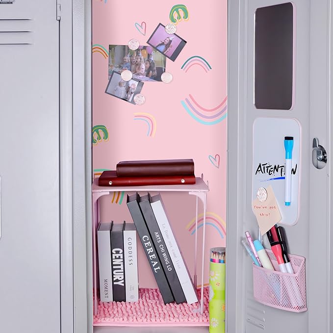 HAUTOCO 16 Pcs Locker Accessories for Girls Pink Locker Organizer Decorations with Shelf, Rugs, Magnetic Wallpaper, Whiteboard, Mirror, Markers, Pen Holder, Magnets, Back to School Work Essentials