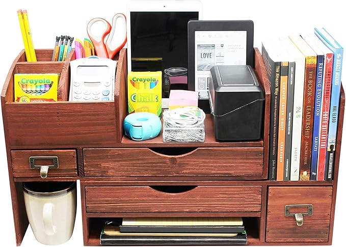 Executive Office Solutions Adjustable Wooden Desk Organizer For Desktop, Tabletop, Office or Counter – Wood Storage Shelf Rack For Office Supplies, Desk Accessories, or Mail – Cherry