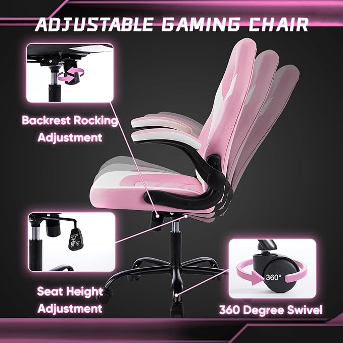 DUMOS Gaming Ergonomic Office Chair for Adults, Height Adjustable Computer Desk Chair with Flip-up Armrests, PU Leather Swivel Video Game Chair with 360° Rolling Wheels, Pink