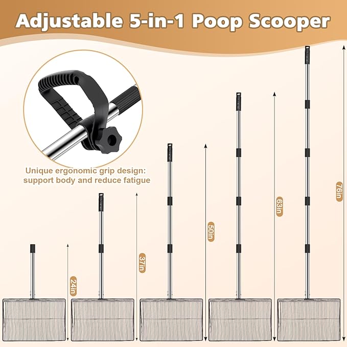 Extra Large 15" Metal Chicken Poop Scooper with Ergonomic Grip, 5-in-1 Adjustable Detachable Chicken Coop Accessories(24" to 76"), Multifuctional Litter Sifting Shovel with Stainless Steel Handle