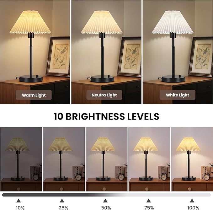 Bedside Table Lamp Set of 2: Dimmable Nightstand Bedside Lamps with USB A and C Ports, Modern Metal and Pleated Fabric Shade Black Desk Lamp for Bedroom Living Room Home Office Reading