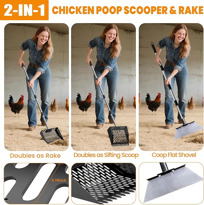 Chicken Poop Scooper for Sand with 22–62'' Adjustable Handle, Metal Chicken Coop Scoop with Rake-Style Teeth and Bonus Garden Flat Shovel for Coop Cleaning, Ice & Debris Removal