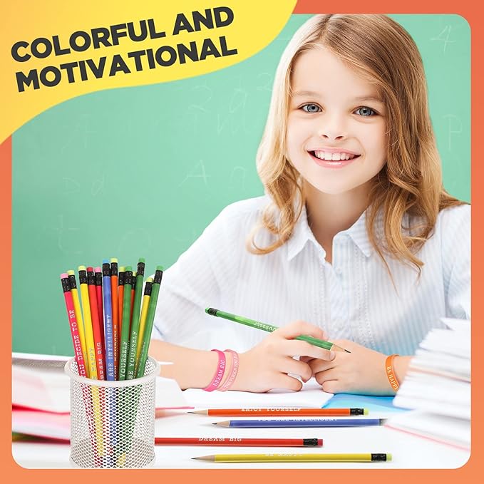 Sabary 48 Pcs Motivational Pencils Inspirational Silicone Bracelets Set Mood Pencil Motivational Quote Rubber Wristbands for Kids Teens Christmas Classroom Gifts for Students (Colorful Background)