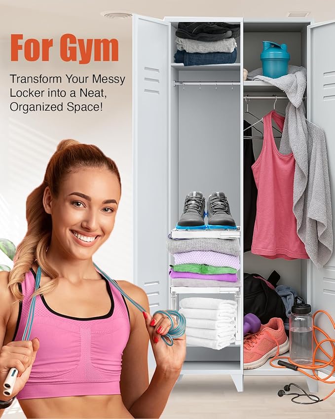 Locker Organizer Shelf, Adjustable Width and Height, Ideal Locker for School, Office, and Gym Lockers… (White 2 Pack New Version)