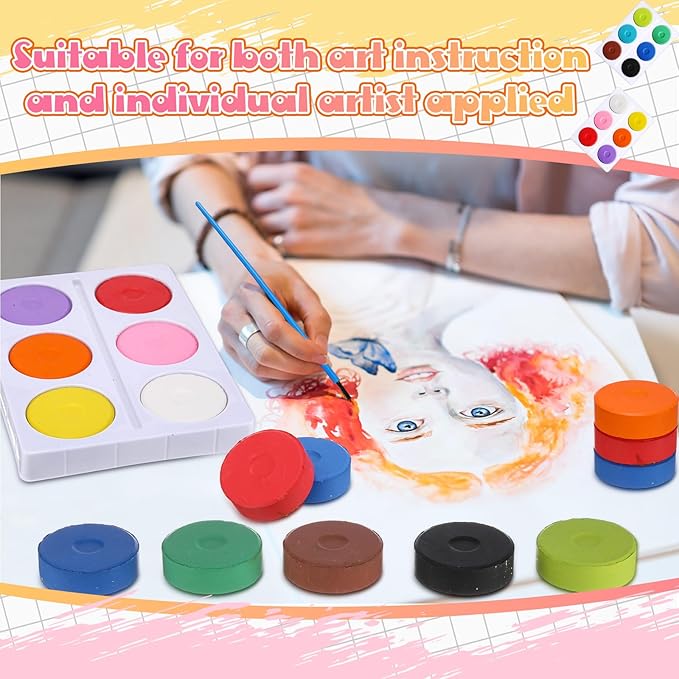 Nuanchu 144 Pcs Tempera Paint Cakes with Tray 12 Colors 2.24 x 0.71 Inch Painting Cakes with Paintbrush Paints Blocks Art Supplies for Art sessions Drawing Artists Beginners 12 Set