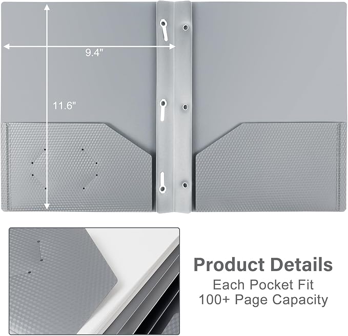 60-Pack Plastic Folders with Pockets and Prongs,2-Pocket Folders with 3 Fasteners, Poly Folders Holds 8-1/2" x 11" Paper for School/Office/Home, Silvery