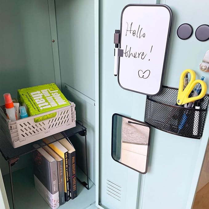 Black Locker Organizer Kit with Shelf, Shelf, Mirror, Pen Holder, Whiteboard, Back to School Essentials, 7-Piece Decoration Kit