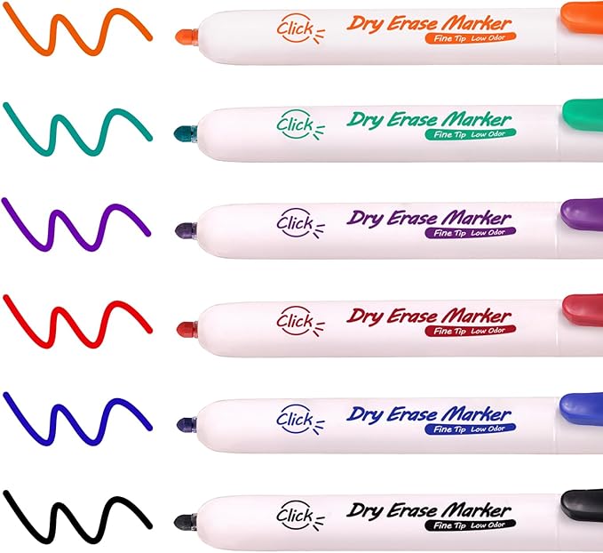 WRITECH Retractable Dry Erase Markers: Fine Point Clickable Colored Ink Marker Low Odor Erasable Thin Tip Refillable Multicolor Whiteboard Marker Pen Set 6ct No Bleed Smear