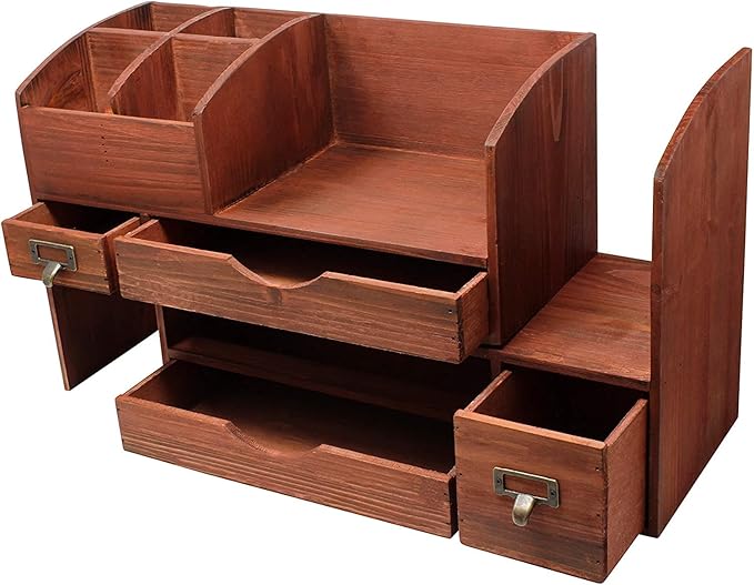 Executive Office Solutions Adjustable Wooden Desk Organizer For Desktop, Tabletop, Office or Counter – Wood Storage Shelf Rack For Office Supplies, Desk Accessories, or Mail – Cherry