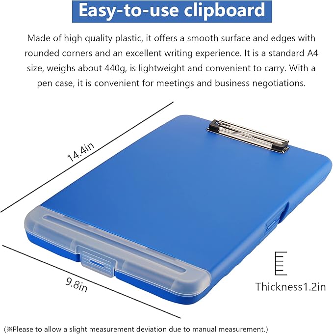 Clipboard with Storage, A4 Binder Clipboards with Pen Holder,Heavy Duty Plastic Storage Clipboards with Low Profile Clip,Nursing Clipboard Folder Side-Opening,Smooth Writing Clip Board for Office-Blue