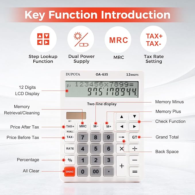 Desk Calculator Large Display Big Buttons with 12 Digits 2-line LCD, Dual Solar Power and Battery Calculators with Tax and Check Function for Office, Home, Accounting and Business Middle Size(OA-635)