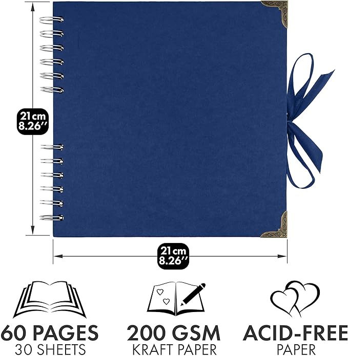 Bstorify Square Scrapbook Photo Albums 8 x 8 Inch Blue Hardcover with Ribbon Closure - Ideal for Scrapbooking, Art & Craft Projects