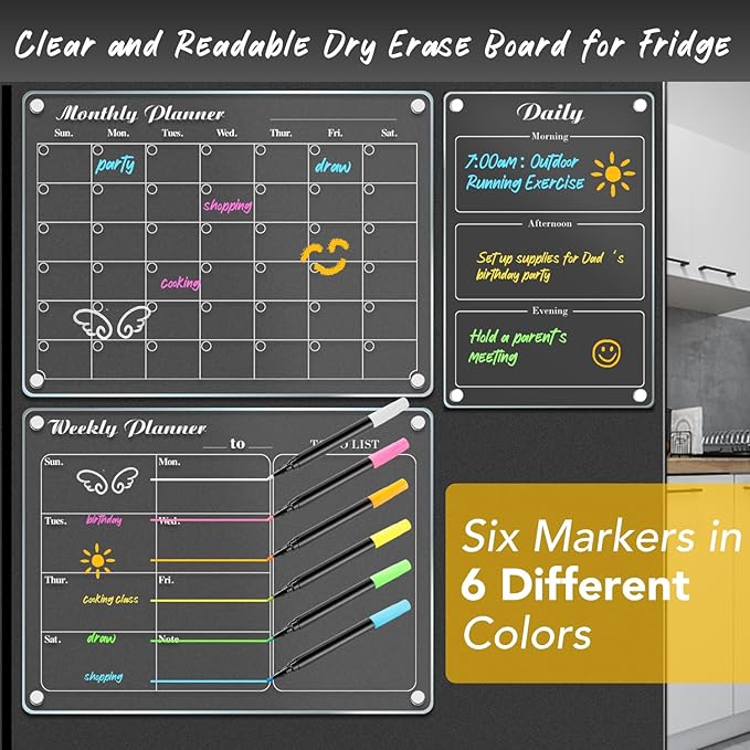 DIYMAG Planning Pads 3Pack Acrylic Magnetic Dry Erase Calendar for Fridge, Clear Acrylic Calendar Planning Board Set 2025 Magnetic Weekly Monthly Planner Memo Board for Refrigerator with 6 Highlight