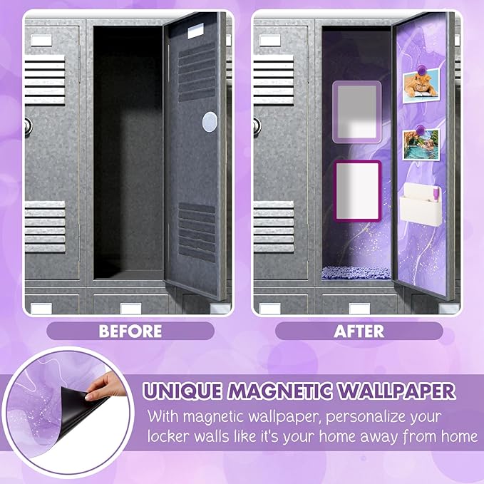 Timgle 8 Pcs Magnetic Locker Set Including Magnetic Wallpaper Mirror Locker Organizer Carpet Whiteboard Dry Erase Marker Accessories for Office School Supplies(Purple,Marble Pattern)