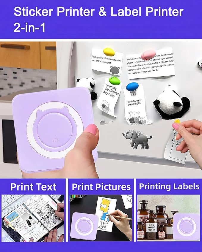 Mini Thermal Printer with 14 Rolls Sticky Papers, Wireless Bluetooth Photo Printer, Portable Label Maker Machine with Tape, Small Compact Picture Maker for Student Kid, Purple