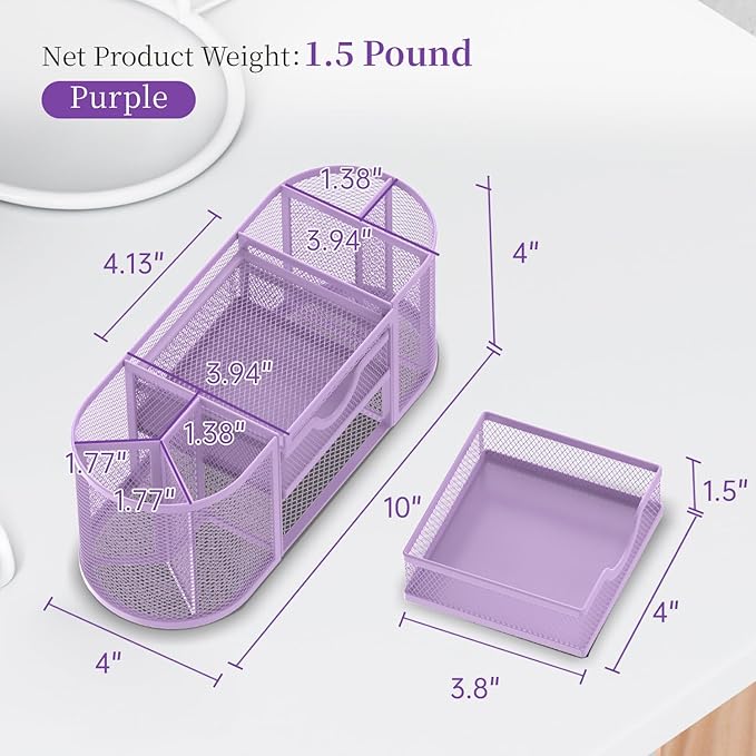 SUPEASY Mesh Desk Organizer, Desk Organizers and Accessories with Drawers, Pen Holder for Desk with 2 Drawers with 9 Compartments for Office Supplies, Purple