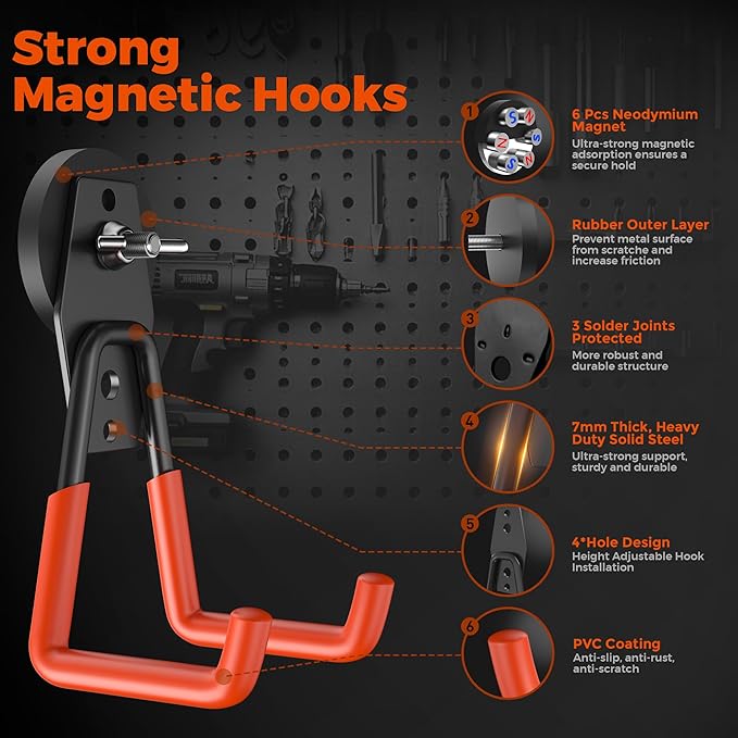 4 Pcs Large Strong Magnetic Hooks Heavy Duty Garage Big Magnet Hooks Extra Strength Magnetic Utility Storage Hook Hanger with Anti Slip Coating for Garden Indoor Outdoor Hanging Tools Orange