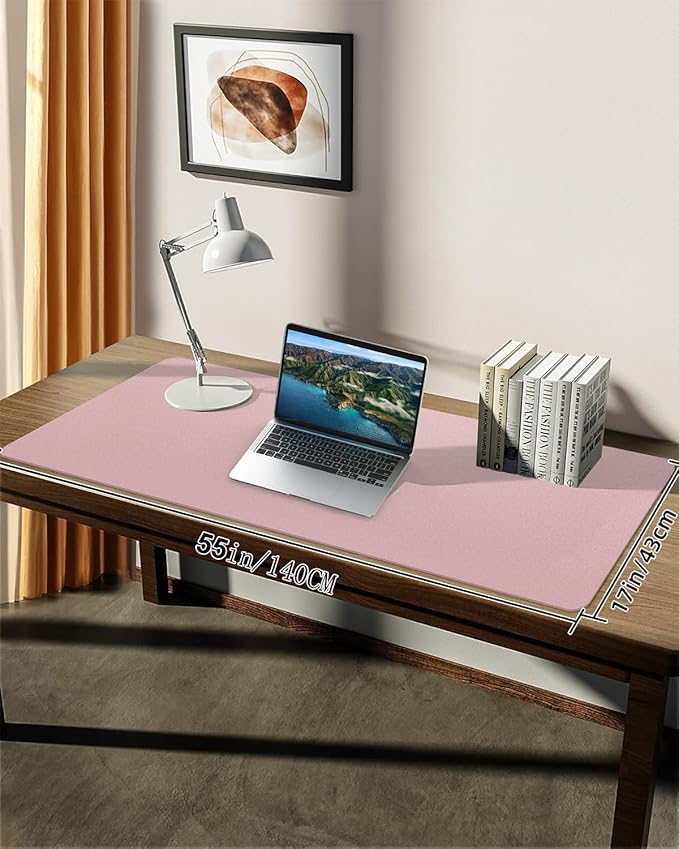 Extra Large Leather Desk Protector, Office Mat, Mouse & Laptop Pad, Non-Slip Blotter, Waterproof Writing Pad - Rose Pink, 55" x 17"