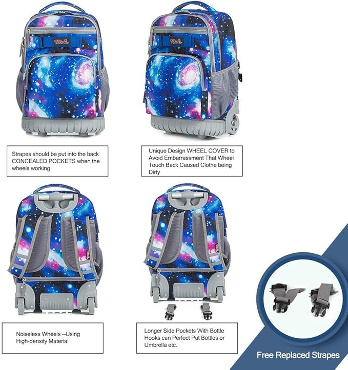 Tilami Rolling Backpack 19 inch with Lunch Bag Wheeled Laptop Backpack, Galaxy