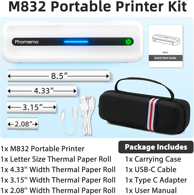 Phomemo Inkless Portable Printer, Portable Printers Wireless for Travel, M832 Bluetooth Thermal Mobile Printer for Phone Laptop, Support 8.5'' x 11'' & A4 Thermal Paper, for Office Home School