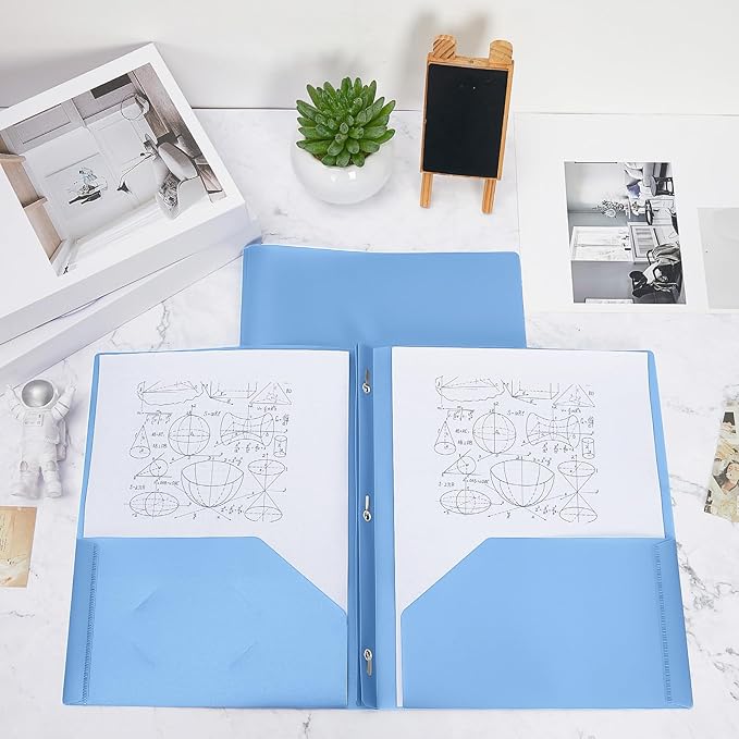 Lincia 100 Pcs Plastic Folders with Pockets and Prong Folders with Prongs 2 Pockets for Office, School for Students, Teachers, Office Workers (Haze Blue)
