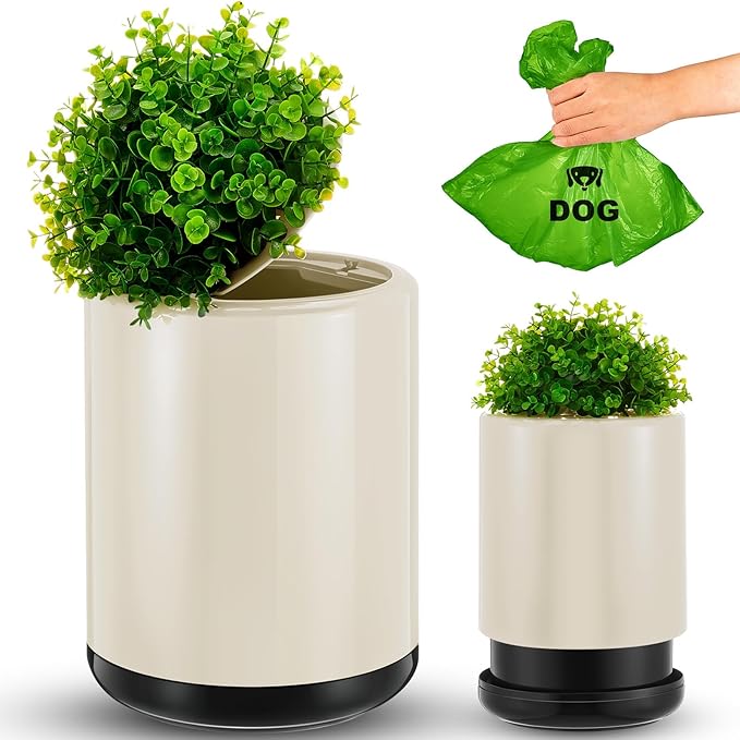 Dog Poop Trash Can Outside 13 L/ 3. 4 Gal Dog Waste Trash Can with Lid, Plant-styled, Double-layer Design, Outdoor Garbage Container for Front Porch Backyard Office Patio(White)