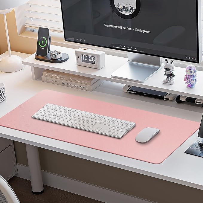 Boutilon Leather Desk Pad Protector,Non-Slip Mouse Pad,Laptop Desk Pad,Office Mouse Mat,Waterproof Leather Desk Blotter,Desk Writing Pad for Office and Home (L-Pink,35"x 17")