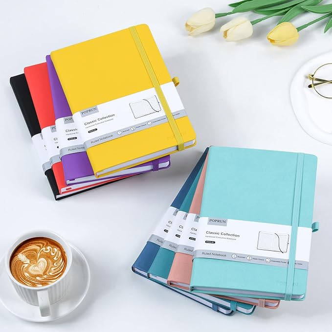 POPRUN A5 Lined Journal Notebooks, 8 Pack Leather Hardcover Thick Notebook for Writing, Business Work, Travel, School, College, 5.5 x 8.3 inch, 240 Pages Classic Ruled Journals Notepad, Multicolored