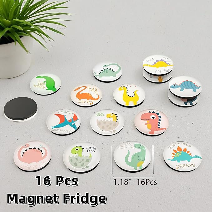 Cute Fridge Magnets, Round Crystal Glass Refrigerator Magnetic for Kitchen & Office Whiteboard Locker Accessories (16Pcs Dinosaur)