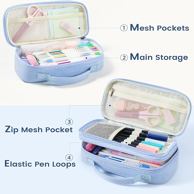 Sooez Large Pencil Case Pouch, Soft Corduroy Pencil Bag with Handle, Cute Pen Case, 5 Compartments, Wide Opening Pen Pouch Organizer with Zipper, Aesthetic School Supplies for Girls Women, Blue