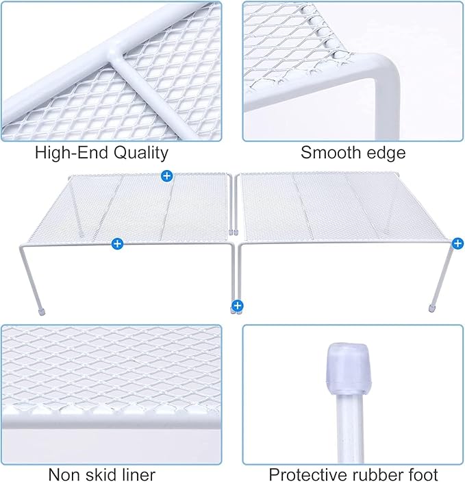 Set of 6 Mesh Kitchen Shelves Cabinet Storage Shelf Rack (13.1 x 10.2 Inch) ,Kitchen Bathroom Pantry Cupboard Desk Home Office, Fridge, Cabinet, Bathroom Cupboard, Non-Slip Plastic Feet (6, White)