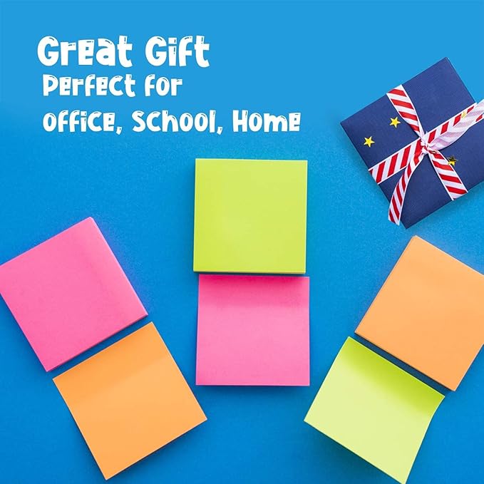 (12 Pads) Sticky Notes 3x3 in 100 Sheets/Pad, Self-Sticky Note Pads, 6 Bright Colors Super Sticky Pads - Easy to Post for School, Office Supplies, Desk Accessories