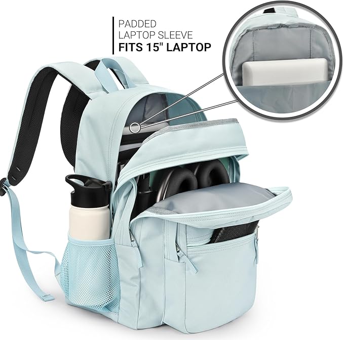 ZORFIN 26L Backpack for School, College, and Travel: Water Resistant Bookbag with 8 Compartments - Light Gray Blue
