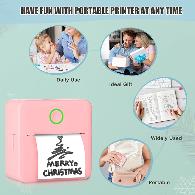Portable Thermal Printer with 10 Roll Papers for Journal/DIY Scrapbook/Travel/Notes/Lists/Label/Memo, Receipt Printer for Children Women Gifts Kids Christmas iOS&Android