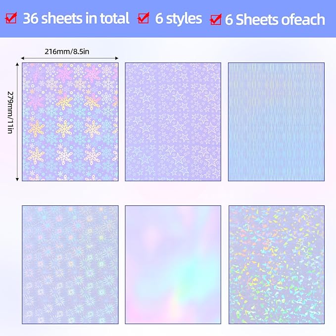 36 Sheets Holographic Sticker Paper, Clear Vinyl Laminate Film for Stickers Waterproof, Transparent Overlay Lamination Sticker Paper Self-Adhesive, 6 Patterns-8.5x11 Inch