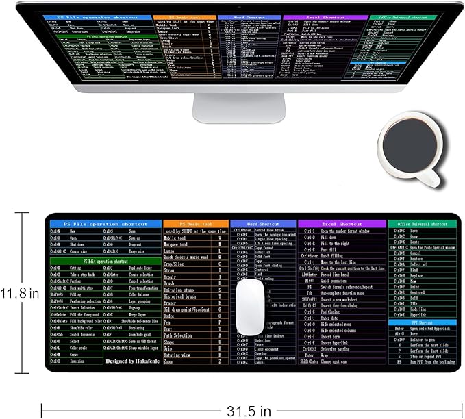 Hokafenle Large XL Mouse Pad, Excel Shortcut Keys Desk Keyboard Mouse Pads, PC Office Spreadsheet Mouse Mat, Non-Slip Stitched Edge Computer Mousepad