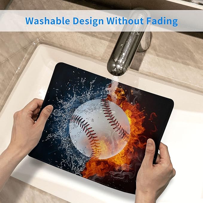 Baseball Mouse Pad for Boys Men Desk, Cool Sports-Themed Mouse Pads with Fire & Water Pattern Printed, Rectangle Non-Slip Rubber Base Gaming Mousepad for Laptop Computer