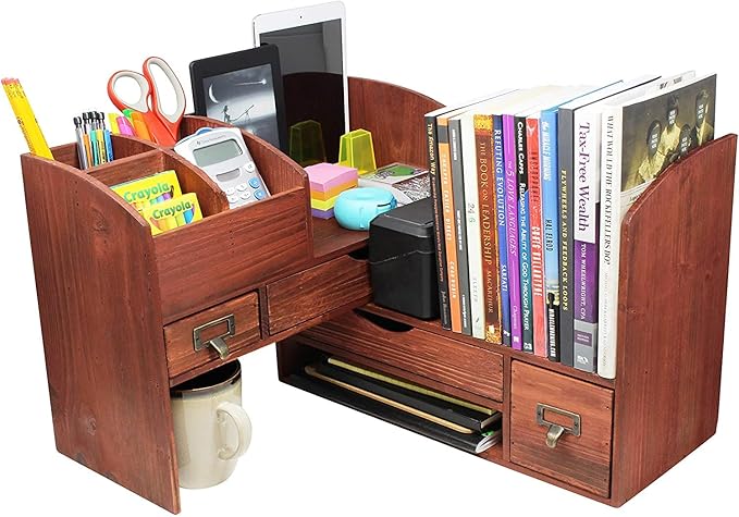 Executive Office Solutions Adjustable Wooden Desk Organizer For Desktop, Tabletop, Office or Counter – Wood Storage Shelf Rack For Office Supplies, Desk Accessories, or Mail – Cherry
