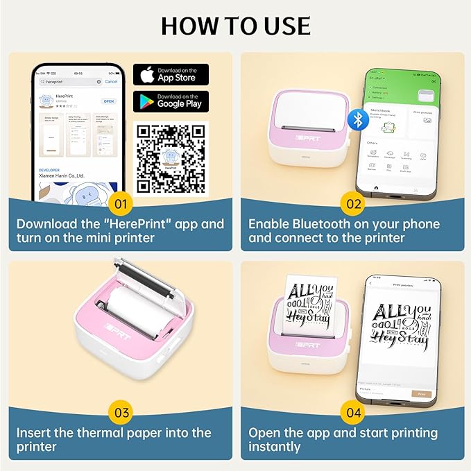 DPRT Mini Sticker Printer - S1 Portable Sticker Maker Machine with 1 Roll Sticker Paper, Bluetooth Print Pods Pocket Printer for Study Notes, Graphics, Students, Kids Gift, Free App, Pink