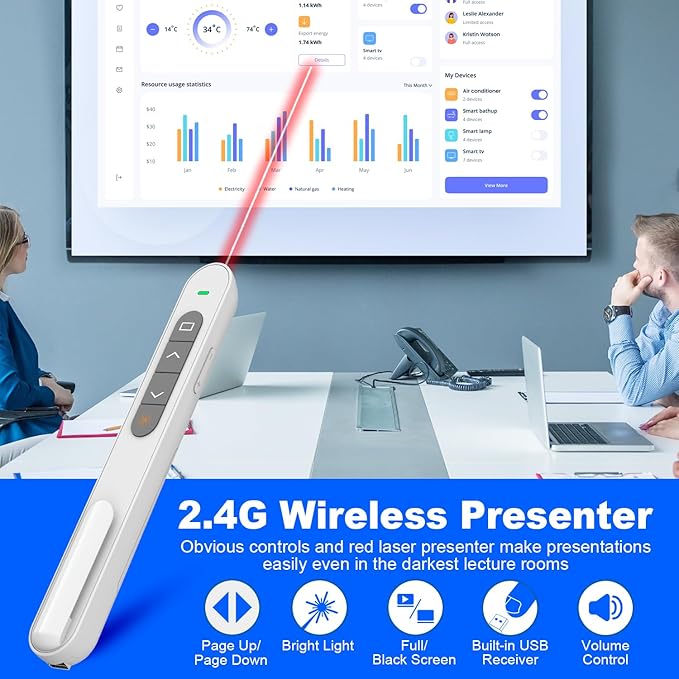 QUI Presentation Clicker for PowerPoint, RF 2.4GHz USB C Wireless Presenter Remote with Volume Control, PowerPoint Clicker Slide Advancer for Mac, Windows, Laptop, Keynote