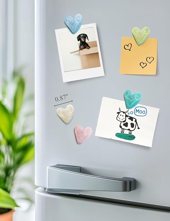 Mymazn 12Pcs Fridge Magnets Cute Refrigerator Magnet, Colorful Magnets for Whiteboard Cabinet Locker, Heart Decorative Magnets for Classroom Kitchen Office (Glitter)