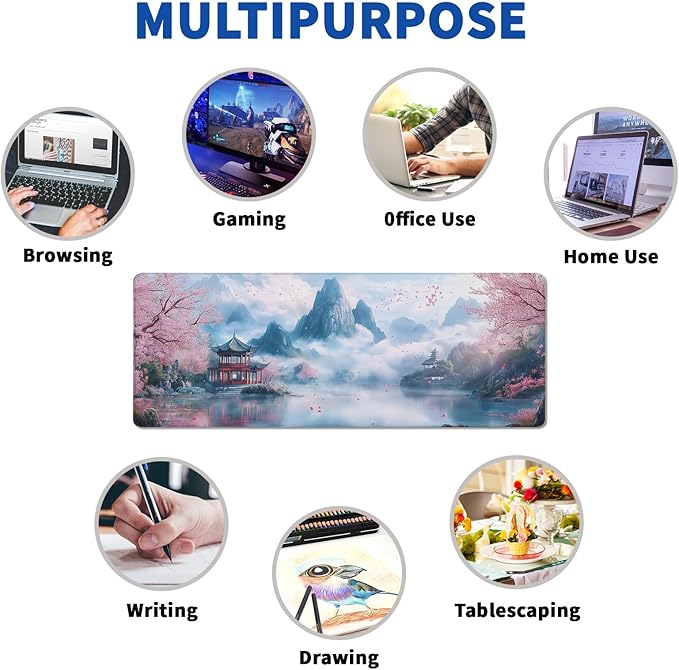 Cherry Blossom Watercolor Mouse Pad Abstract Big Mouse Pad 31.5x11.8 Inch Landscape Texture Non-Slip Rubber Base Large Mousepad Stitched Edges Keyboard Mouse Mat Desk Pad for Office and Home