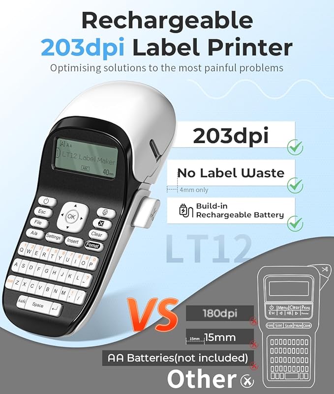 Phomemo LT12 Label Maker Machine with Tape, Rechargeable Label Makers with Waterproof Labels Portable Bluetooth Handheld Labeler with QWERTY Keyboard & 1600+ Icons, 30+ Fonts, for Home, Office, White