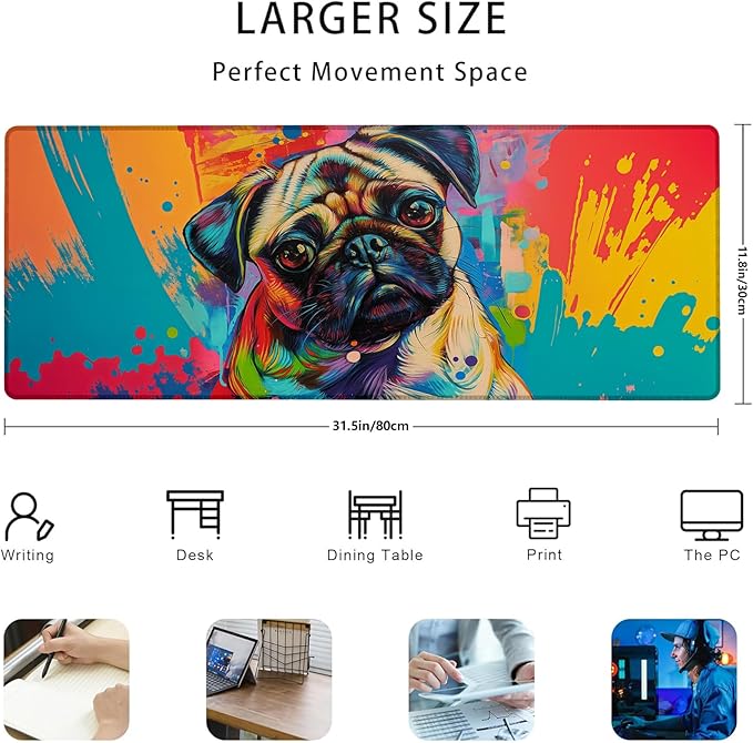 Colorful Pug Dog Gaming Mouse Pad Gifts 31.5" x 11.8", Non-Slip Rubber Base MousePads for Computers Laptop School Office Home Accessories Decor, Mouse Pad, Keyboard Desk Mat